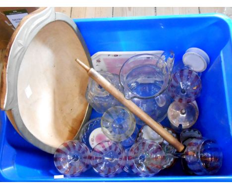 A crate containing a quantity of ceramics and glassware including hock glasses, Chinese cups and saucers, etc.