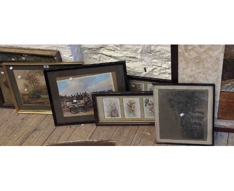A gilt framed watercolour, depicting a woodland landscape - indistinctly signed - sold with a framed coloured coaching print 