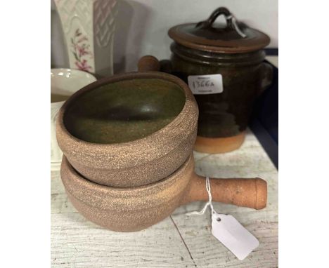 Three Cornish Studio Pottery Scott Marshall pots comprising two soup bowls and a lidded storage jar