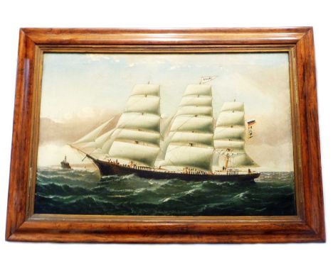 W.H. Yorke: a rosewood framed late Victorian oil on canvas study of the Finnish sailing barque 'Palme' (of Mariehamn), flying