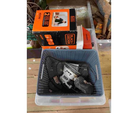 A crate containing a quantity of assorted tools including Black &amp; Decker circular saw, Mac Allister sander, etc.