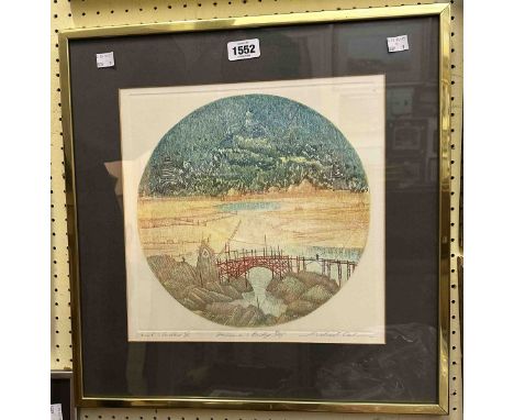 †Michael Oelman: a gilt metal framed coloured etching entitled 'Fisherman's Bridge' (from Jacob's Ladder IV) - signed in penc