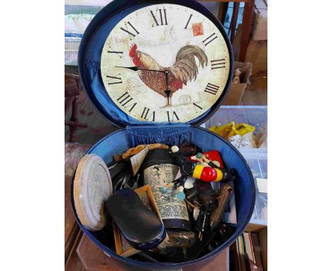 A hat box containing a quantity of collectable items including cockerel wall timepiece, vintage flask, etc.