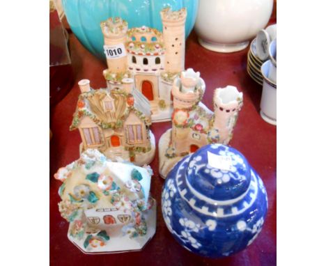 A small quantity of ceramics comprising four 19th Century Staffordshire pottery pastille burners of cottage form and a Chines