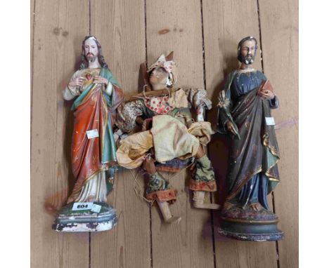 Two painted plaster religious figures, one depicting Jesus - sold with an Indonesian wood puppet