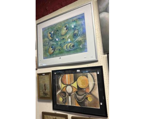 Carol A. Sims: a framed mixed media abstract still life with stylised forms on a surface - sold with  another larger framed s