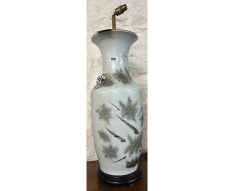 A large Chinese ceramic baluster form lamp base with abstract hand painted fish design