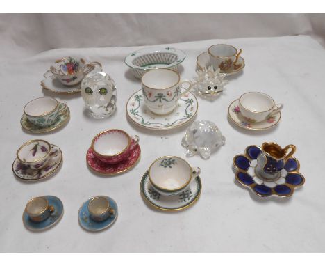 A box containing a quantity of miniature and other bone china and porcelain cups and saucers including Spode examples, a Here