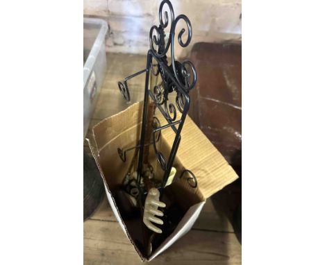 A box containing a quantity of assorted metalware and other items including pair of brass candlesticks, carved wood and mothe