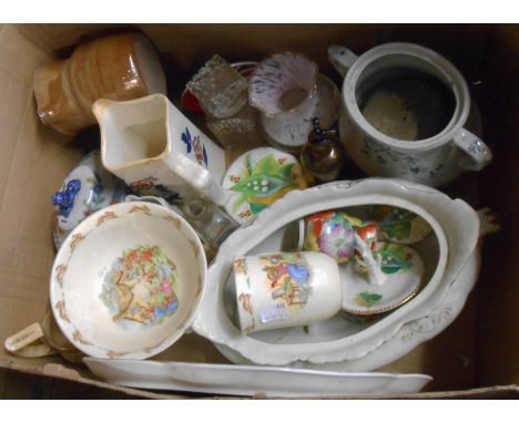 A box containing a quantity of ceramics including part dressing table set, Bunnykins mug and bowl, etc.