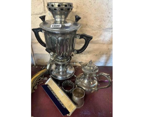A Turkish plated spirit burner samovar with black bakelite handles, silver plated teapot, and christening mug - sold with a m