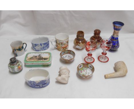 A quantity of miniature ceramic and glass items including silver topped Japanese porcelain scent bottles with hand painted fl