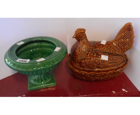 An Elaine Goddard Dartmouth pottery vase of urn form with a green glaze - sold with a Portmeirion pottery hen nest with brown