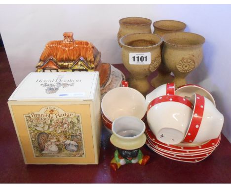 A quantity of ceramics including Midwinter cups and saucers decorated in the 'Red Domino' pattern, novelty egg cup, four Stud