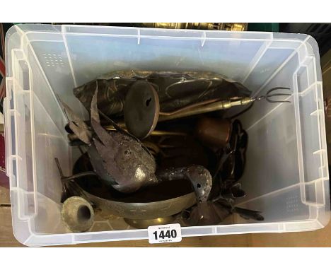 A crate containing a quantity of metalware including brass bowl, silver plated epergne base, Art Nouveau style crumb tray, et
