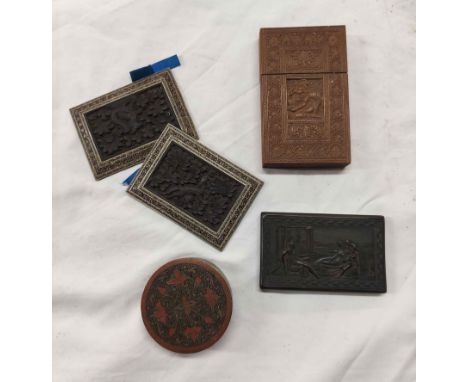 A bag containing an Indian carved hardwood card case, a brass enamel trinket box, a pressed tortoiseshell snuff box lid, etc.