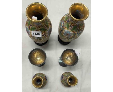 A pair of modern Chinese cloisonné vases with carved hardwood stands - sold with a smaller similar pair and a pair of silver 