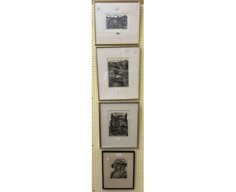 †Pam Pebworth: three gilt framed medium format wood block prints including one entitled 'Lindisfarne' - all pencil signed, ti