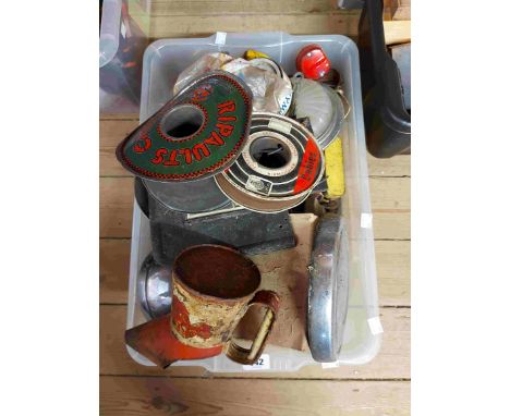 A crate containing a quantity of assorted vintage car parts including Lucas King of the Road headlamps, Shell oil can, etc.