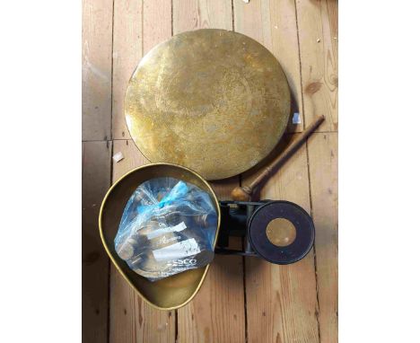 A bag containing a set of Salter scales, three sets of weights and a brass gong