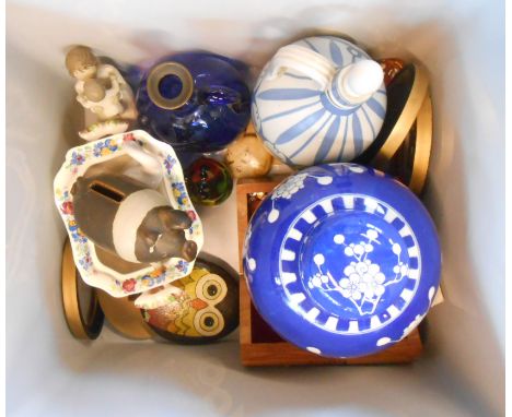 A crate containing a quantity of ceramics including Buchan Stoneware decanter, Chinese porcelain prunus decorated ginger jar,