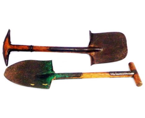 An antique wood and iron entrenching shovel marked 'Wallace Patent' - sold with a later US example