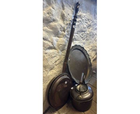 A large Eastern brass tray with pierced border - sold with an old copper kettle and a bed warming pan