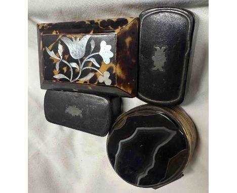 Two papier-mâché snuff boxes, a decorative inlaid tortoiseshell box and an agate and brass bound lidded storage pot