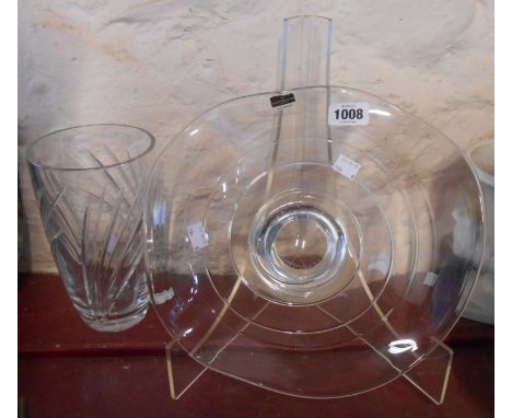 A Dartington glass free form bowl with spiral decoration (with stand) - sold with a cut glass vase