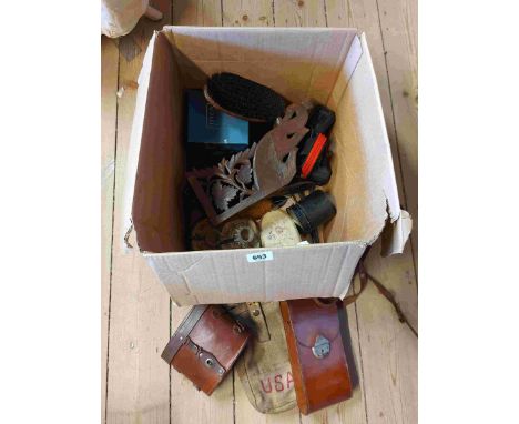 A box containing a quantity of assorted collectable items including carved wood table stand, ebony dressing table set, Kodak 