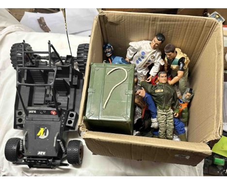 A box containing Action Man toys including six figures, a Jeep, etc.