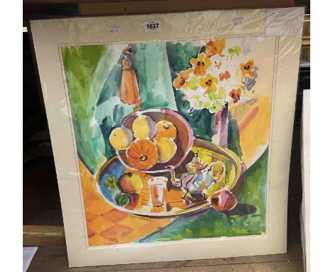 Phyliss McDowell (Folkestone artist): two unframed mounted large format watercolours, one a still life entitled 'Tray and Tas
