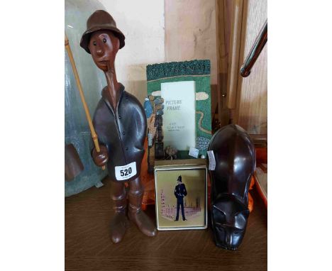 A small quantity of collectable items including a vintage wooden fisherman figurine holding a bamboo rod with wooden boot, a 