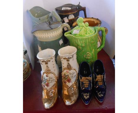 A quantity of pottery jugs including Dudson Jasper hot water jug with pewter lid, similar agate ware jug, etc. - sold with tw