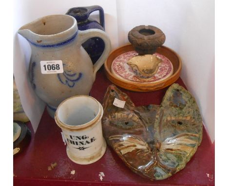 A small quantity of ceramics including Studio pottery cat wall mask, 19th Century porcelain drug jar (no lid), etc.