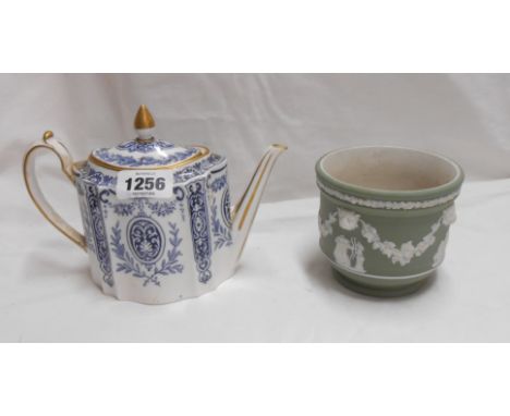 A 19th Century Wedgwood green Jasper dip small jardinière with figure and swag decoration - sold with a Wedgwood bone china t