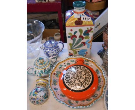 Six pieces of Italian pottery including large incised vase, moon flask with orange glazed decoration, etc.
