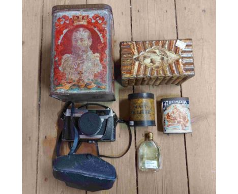 An antique Mazawattee Tea tin - sold with a Huntley &amp; Palmer's biscuit tin, two further tins, a 1920's glass perfume bott