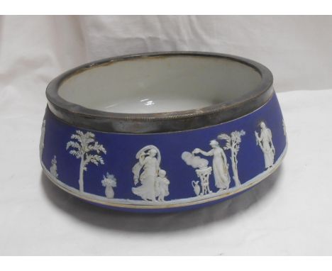 An early 20th Century Wedgwood dark blue Jasper salad bowl with silver plated rim and classical frieze decoration