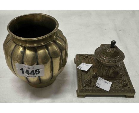 A Chinese brass pot of lobed form with moulded seal mark to base - sold with an antique cast brass lift-top inkwell