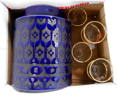 A box containing a Hornsea 'Flour' storage jar (no lid) and a set of six vintage comical drinking glasses (one a/f)