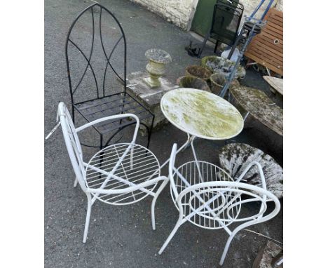 Four items of garden furniture comprising a circular white painted metal table, a pair of white painted metal chairs and a bl