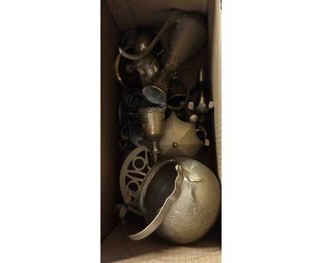 A box containing a quantity of brassware including Eastern coffee pot, trivet, etc.