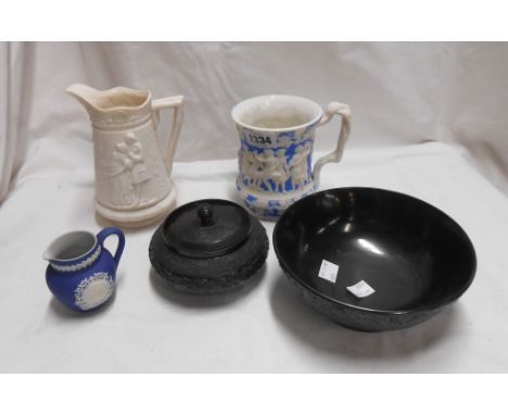 A small quantity of ceramics comprising 19th Century Charles Meigh Parian mug with relief moulded Bacchanalian scene decorati