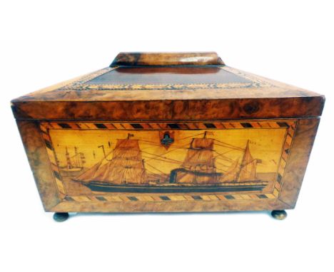 A 19th Century 'Trinity House' sarcophagus form inlaid figured walnut and mahogany tea caddy with three lidded compartments a