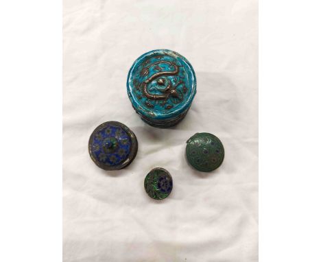 A Chinese white metal trinket box with embossed writhing dragon decoration on a blue enamelled ground - sold with two white m