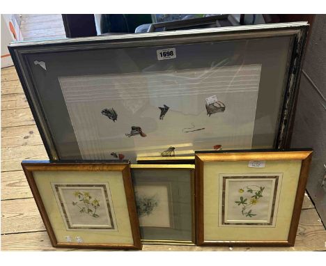 A framed equestrian themed handkerchief - sold with a pair of framed small format floral study prints and a pair of butterfly