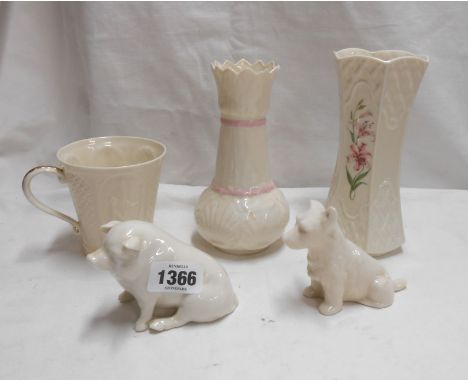 A quantity of Belleek porcelain comprising 6th period dog figurine, pig figurine, vases and a mug