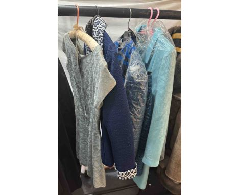 A selection of vintage fashion including a turquoise D.L. Barron dress, with matching coat, a tweed effect Eastex wool mix su