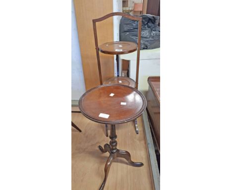 A vintage stained wood three tier folding cake stand - sold with a mahogany wine table with P.E. Gane Ltd label to base